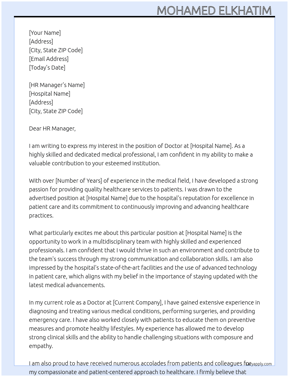 Doctor At Hospital  Cover Letter