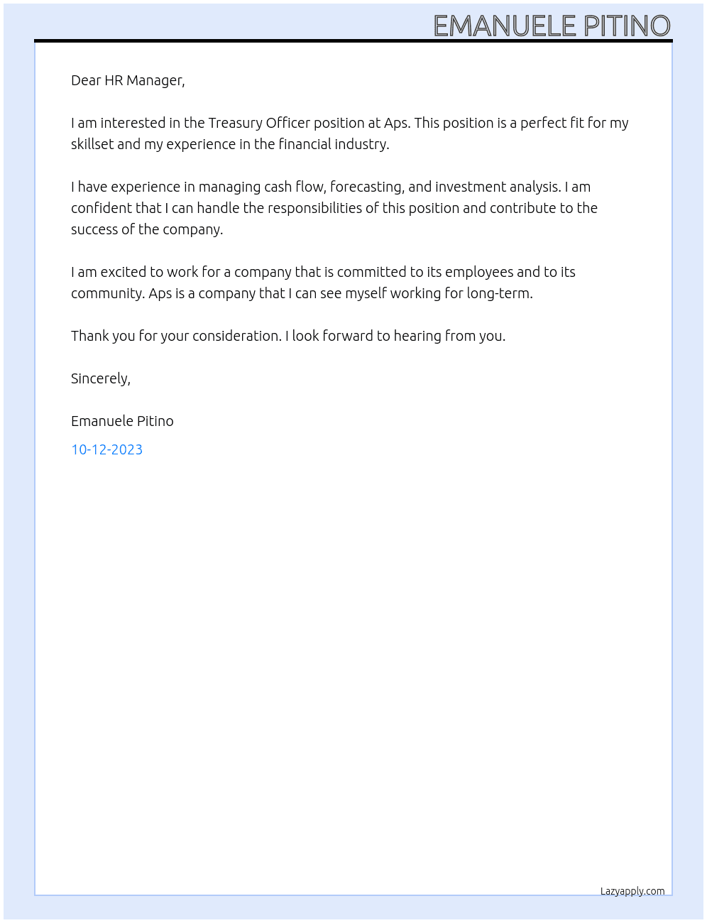 Treasury Officer At Aps Cover Letter