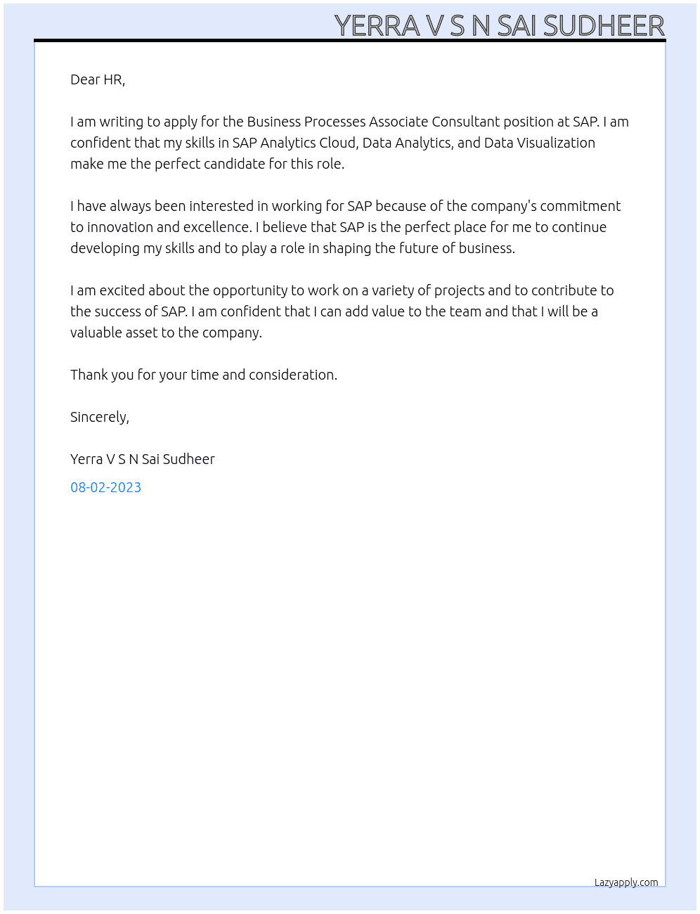 Business Processes Associate Consultant At SAP Cover Letter