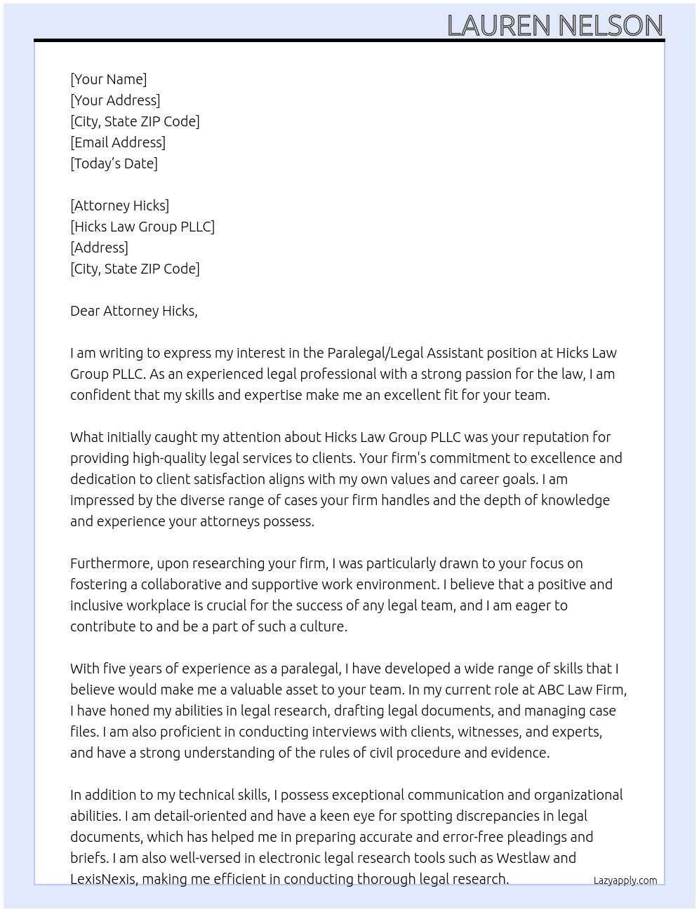 Paralegal/Legal Assistant At Hicks Law Group PLLC Cover Letter