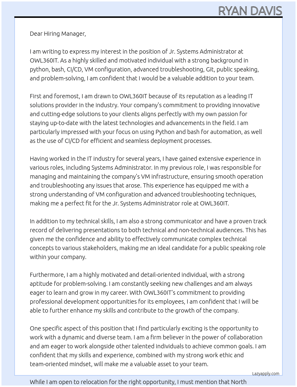 Jr. Systems Administrator At OWL360IT Cover Letter