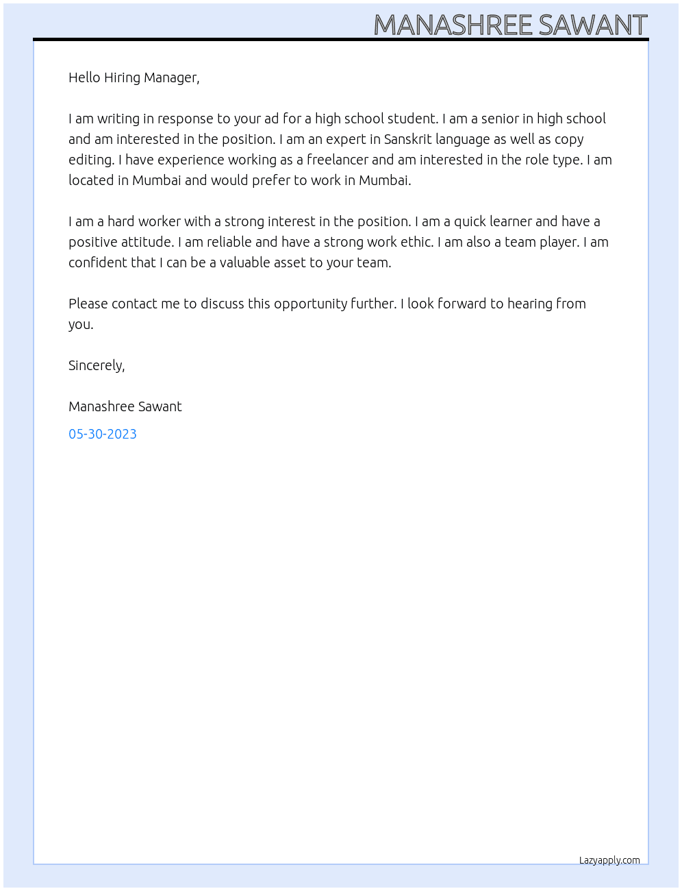 High school student At Null  Cover Letter