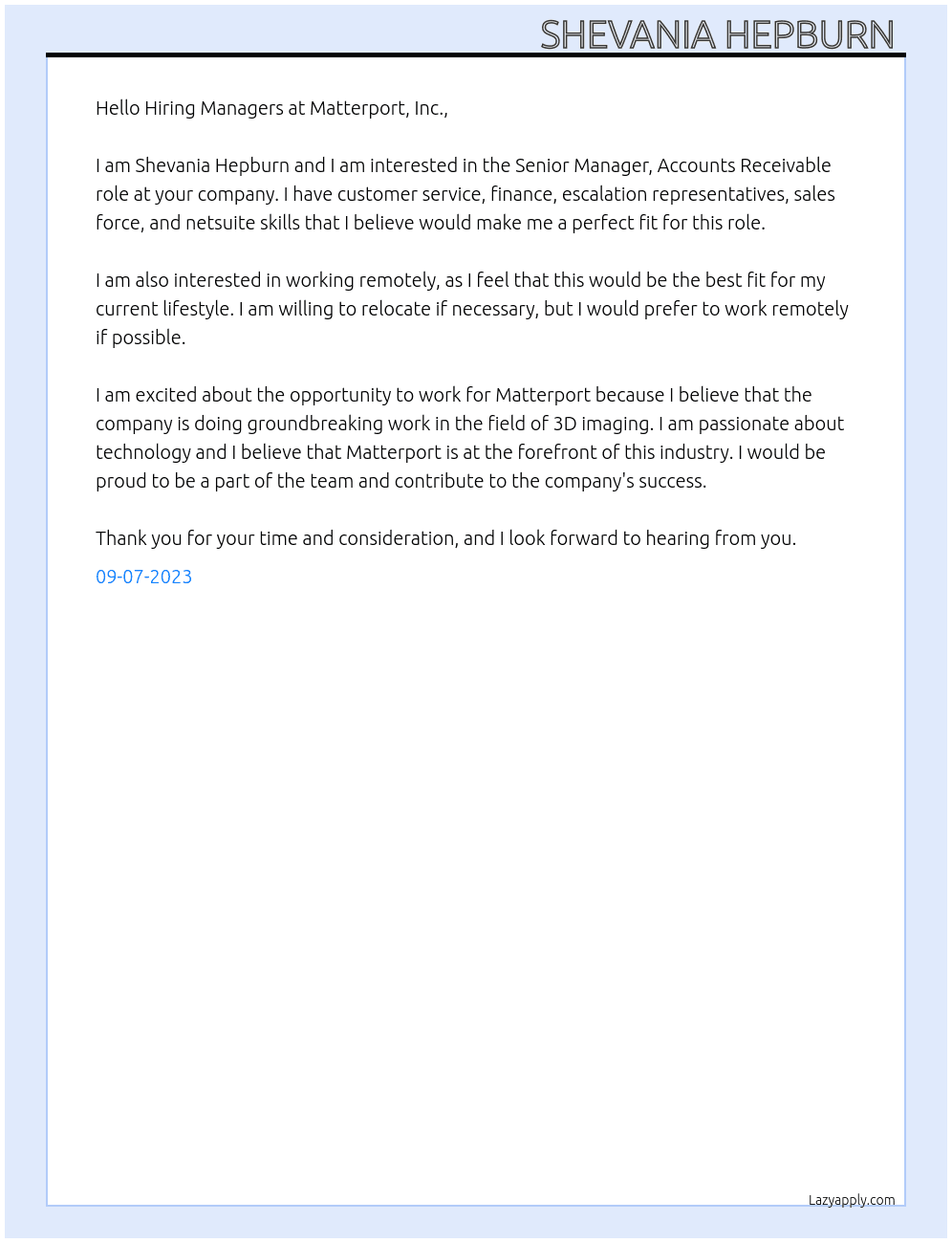 Senior Manager, Accounts Receivable At Matterport Cover Letter