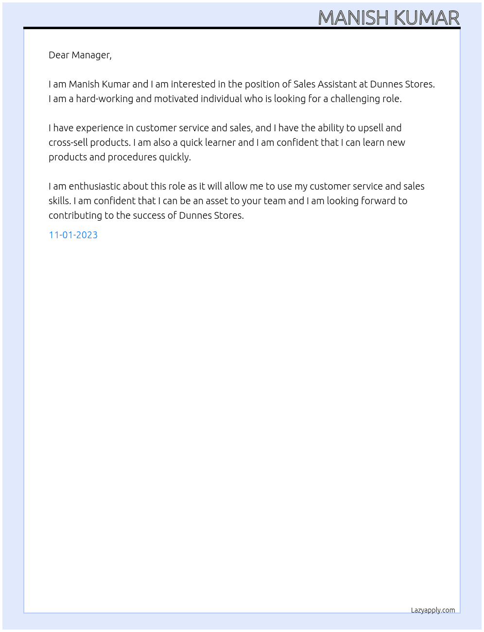 sales assistant At dunnes stores Cover Letter