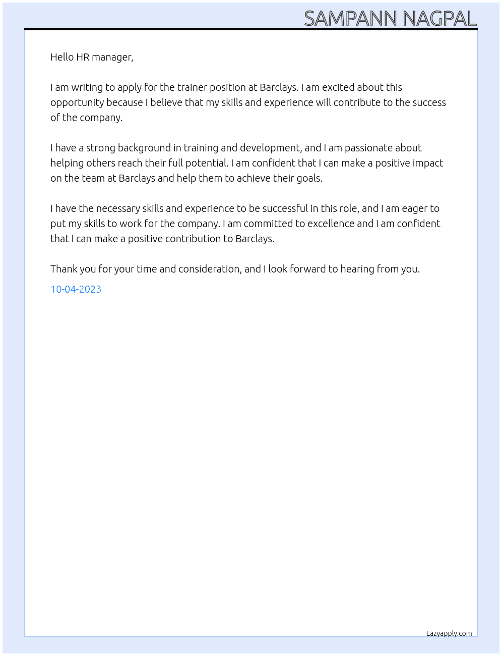 trainer At barclays Cover Letter
