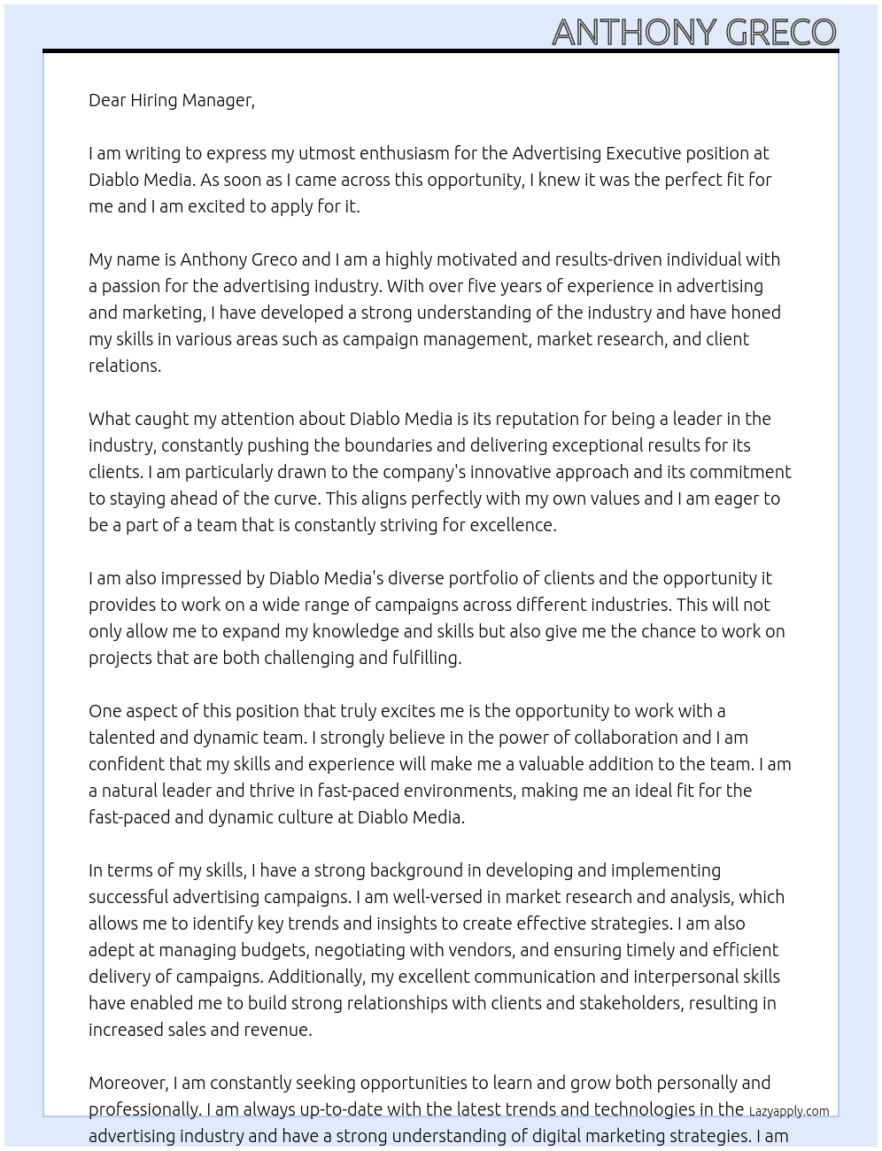 Advertising Executive At  Diablo Media Cover Letter