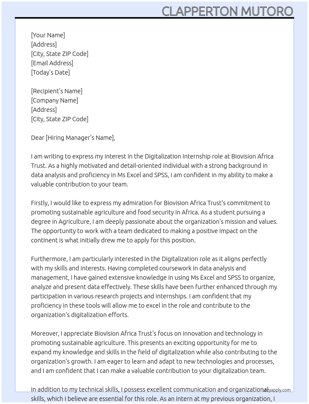 Digitalization  At Biovision Africa Trust Cover Letter