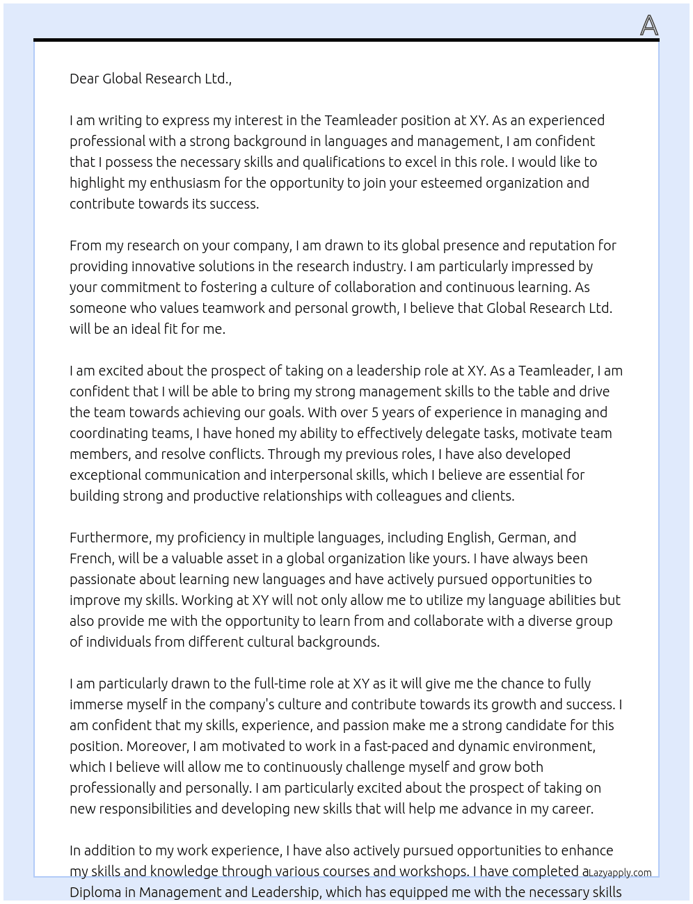 teamleader At XY Cover Letter