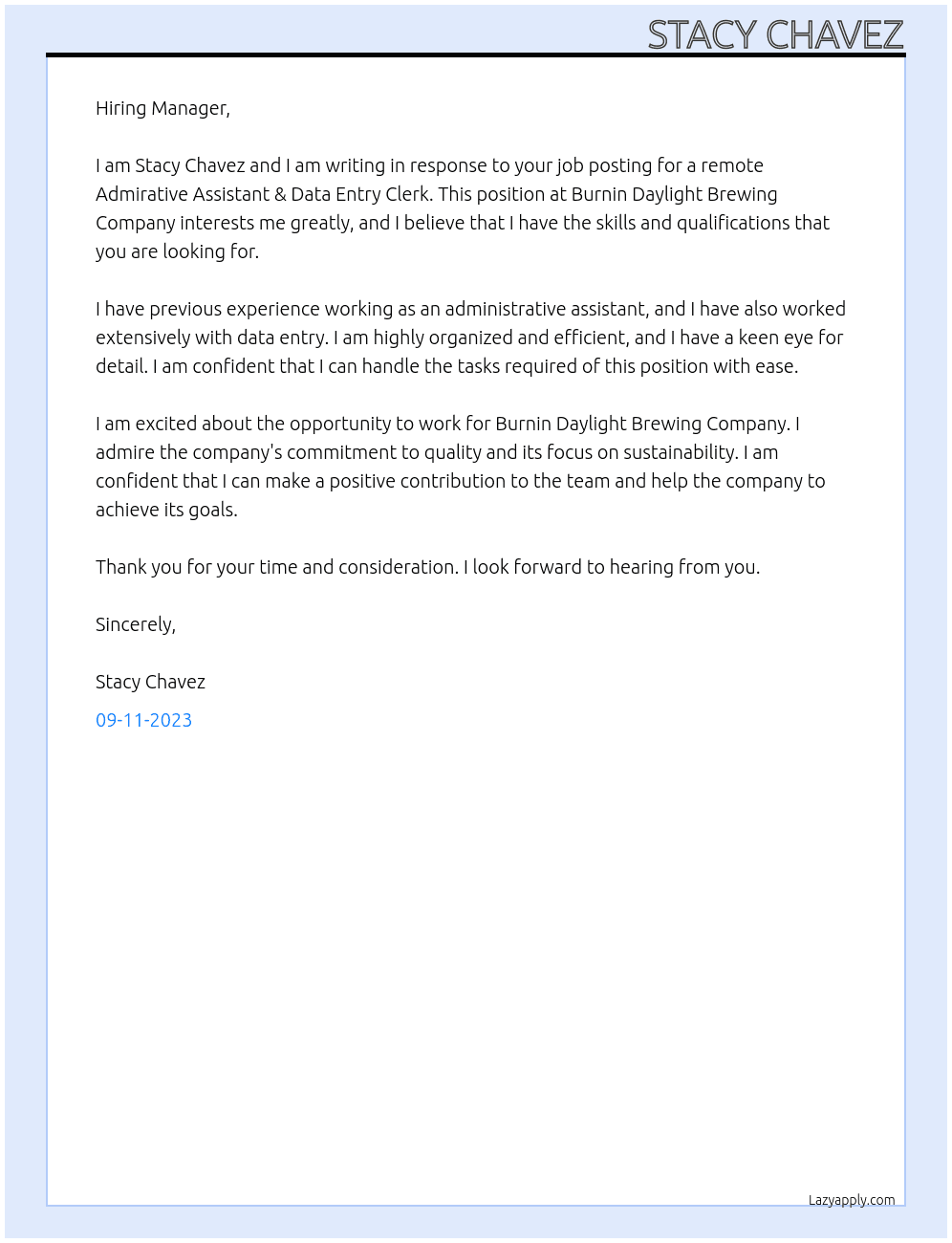 REMOTE Admirative Assistant & Data Entry Clerk At Burnin Daylight Brewing Company Cover Letter
