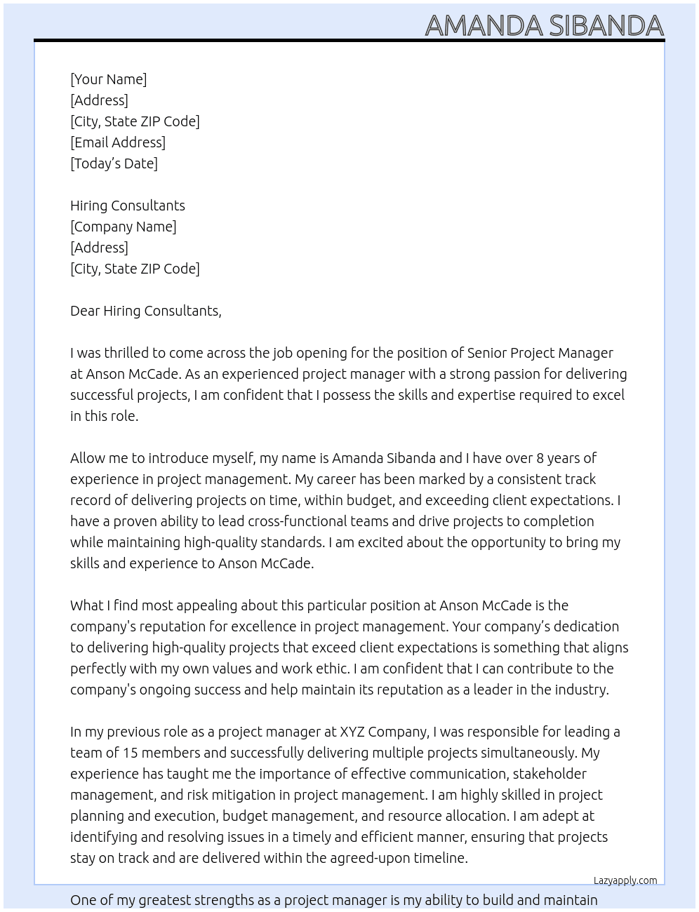 Senior Project Manager At Anson McCade Cover Letter