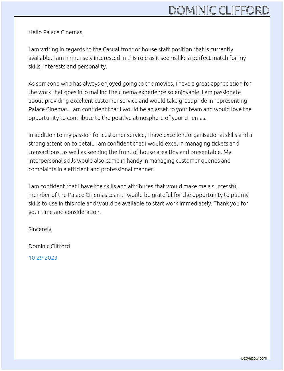 Casual front of house staff At palace Cover Letter