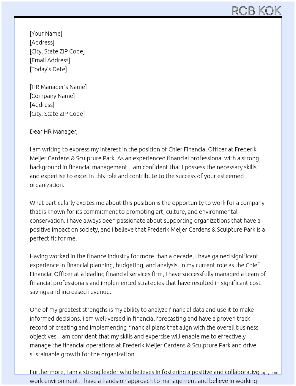 CFO At Frederik Meijer Gardens & Sculpture Park Cover Letter