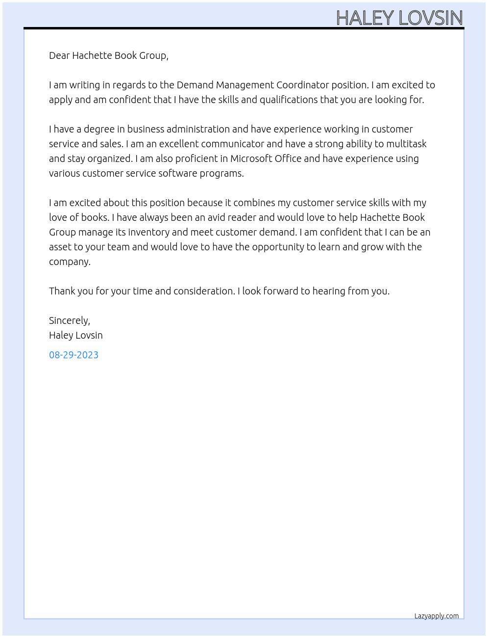 Demand Management Coordinator At Hachette Book Group Cover Letter