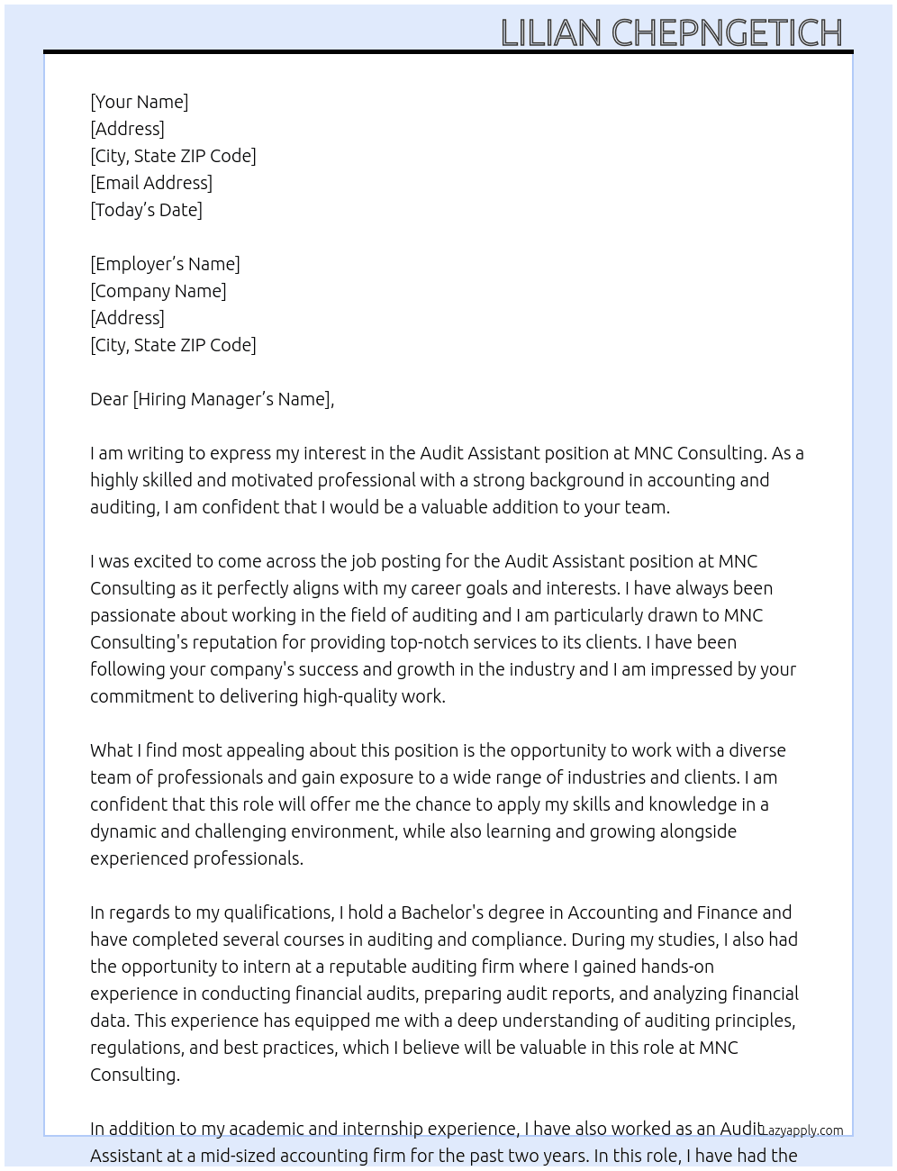 Audit assistant  At MNC consulting  Cover Letter
