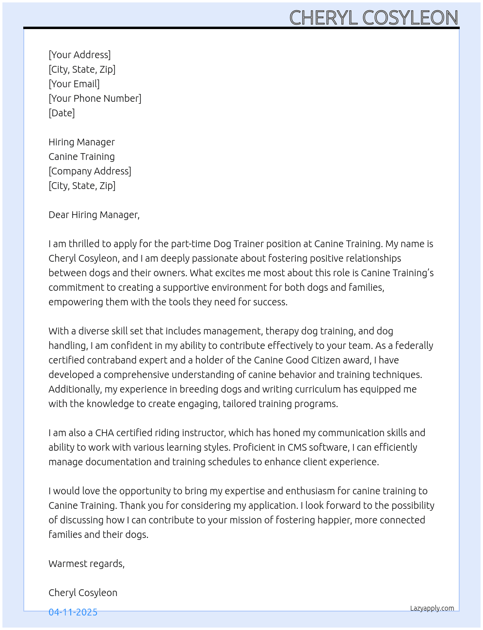 Dog Trainer At Canine Training Cover Letter