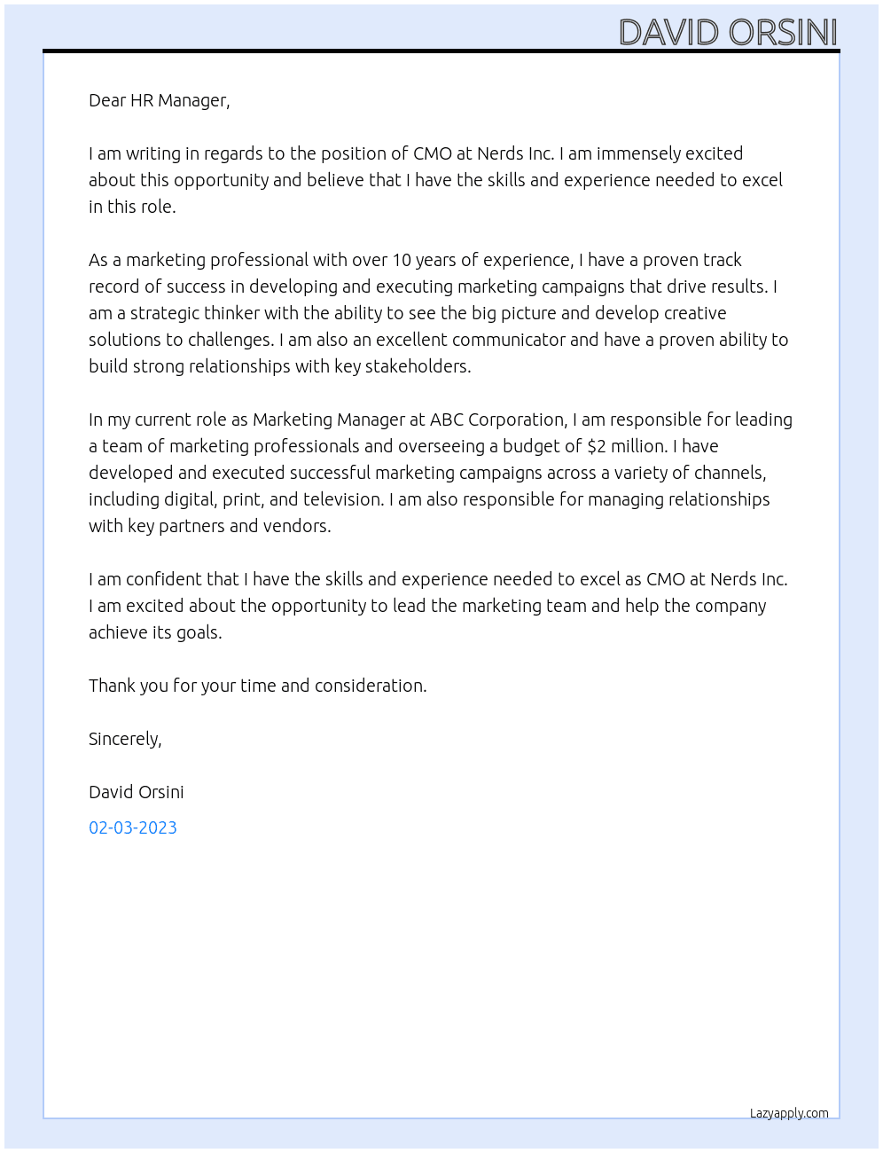 CMO At Nerds Inc Cover Letter
