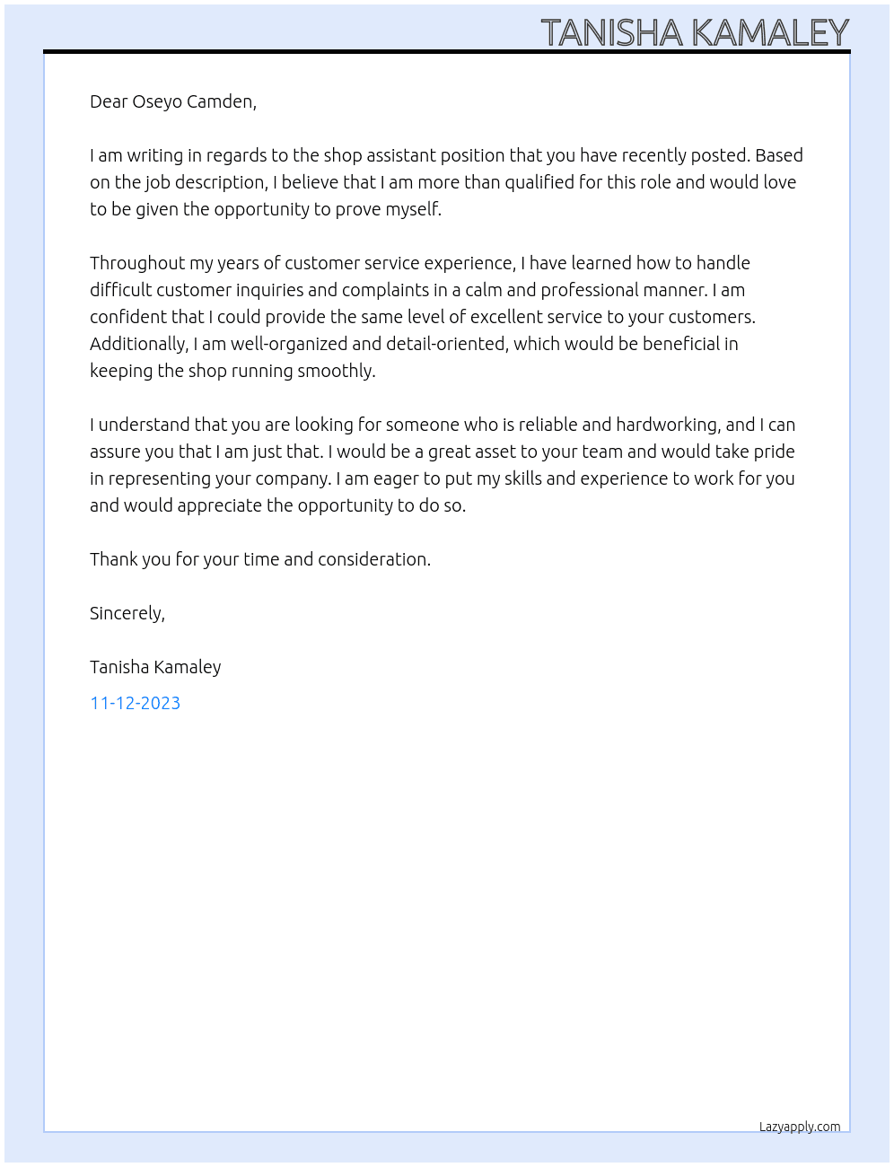 Shop assisstabt At Oseyo Camden Cover Letter