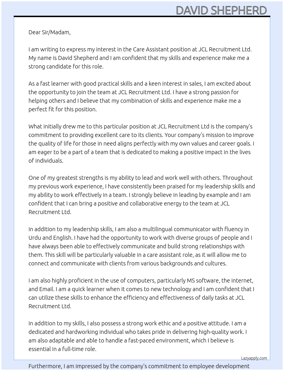 Care assistant  At JCL Recruitment Ltd Cover Letter