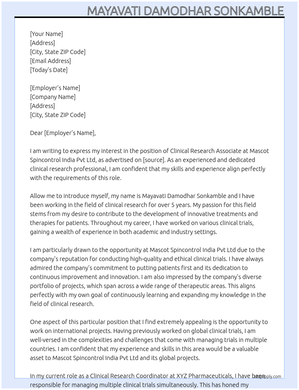 clinical research associate At Mascot Spincontrol India Pvt Lmt Cover Letter