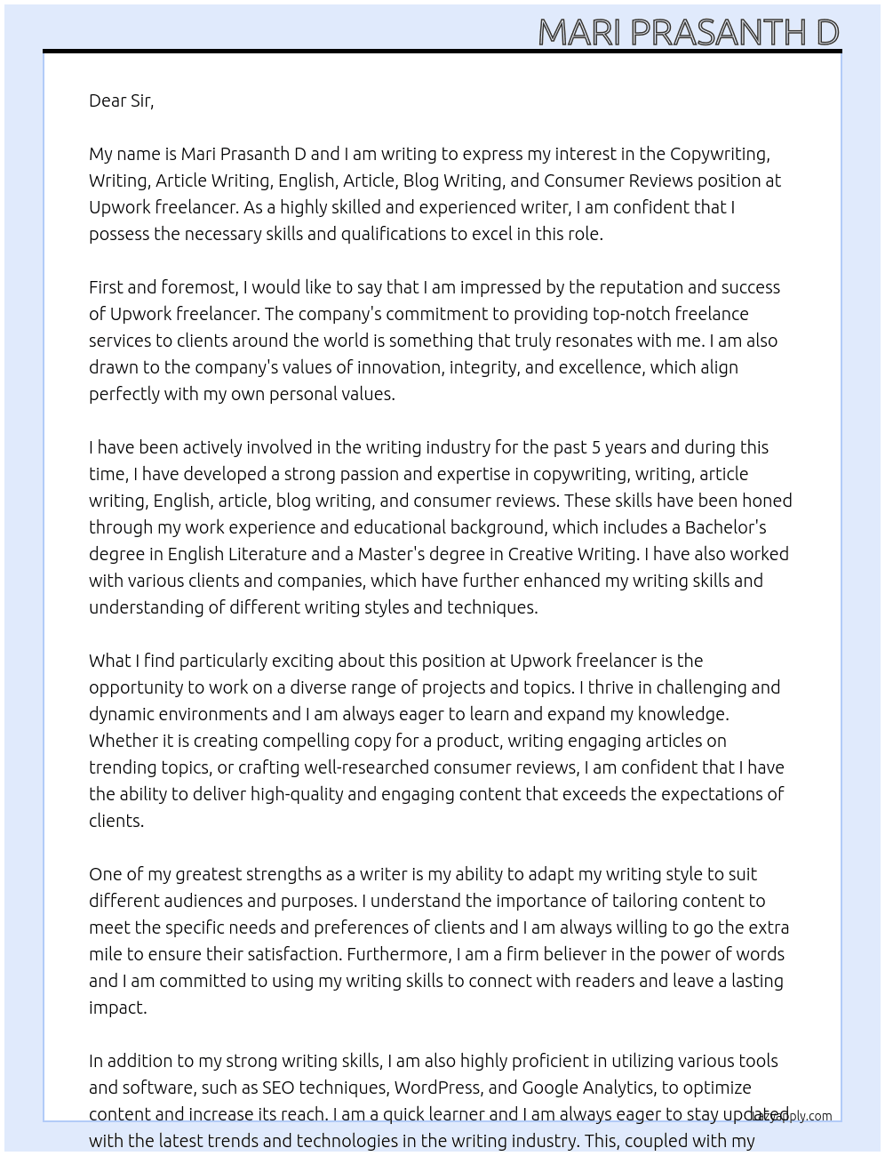 Copy writting, writing, article writing, English, article, blog writing, consumer reviews  At Upwork freelancer  Cover Letter