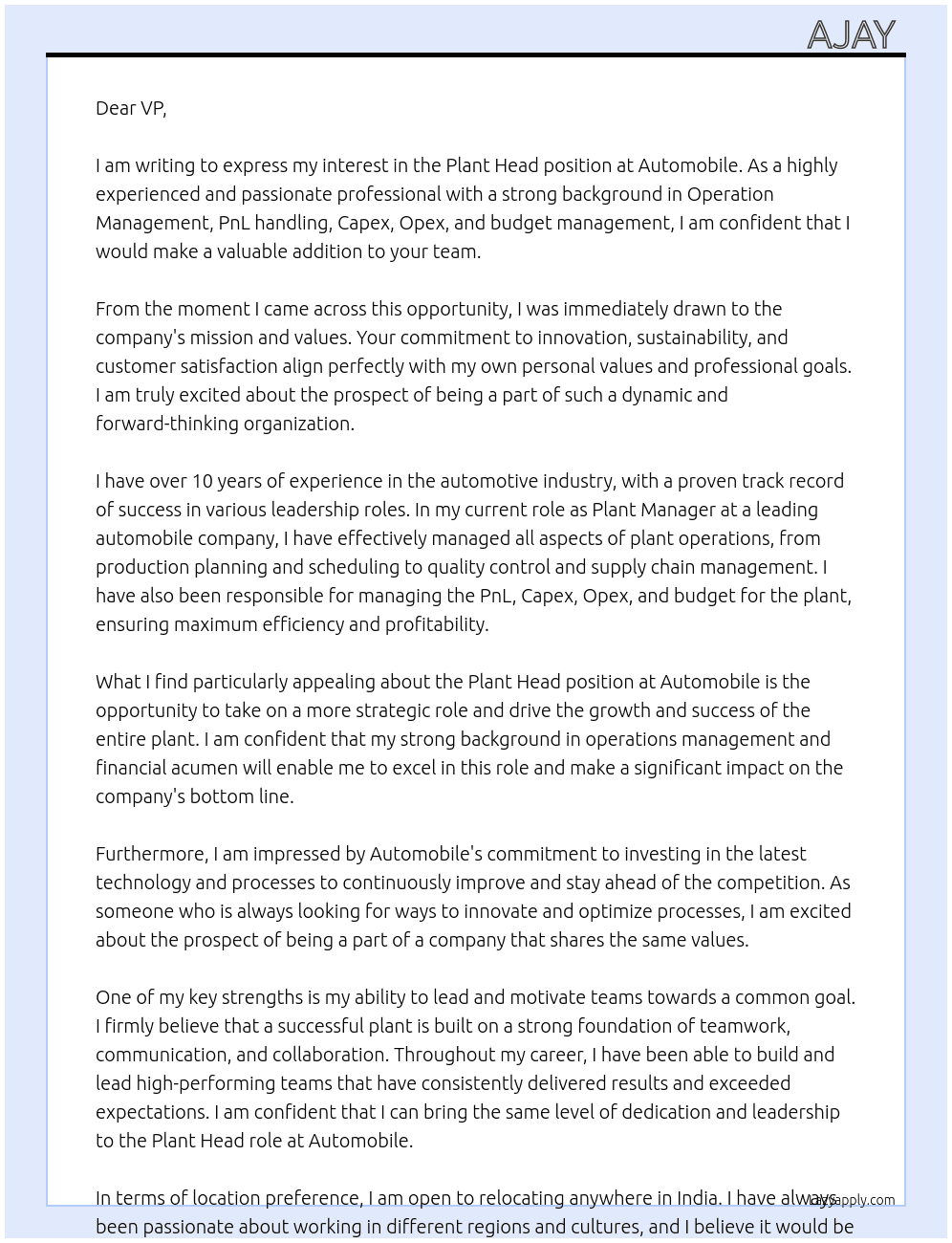 Plant Head  At Automobile Cover Letter
