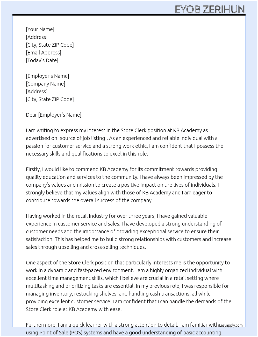 Store Clerk At KB Academy  Cover Letter