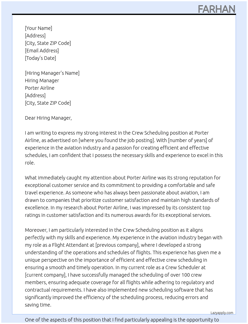 Crew Scheduling At Porter Airline  Cover Letter