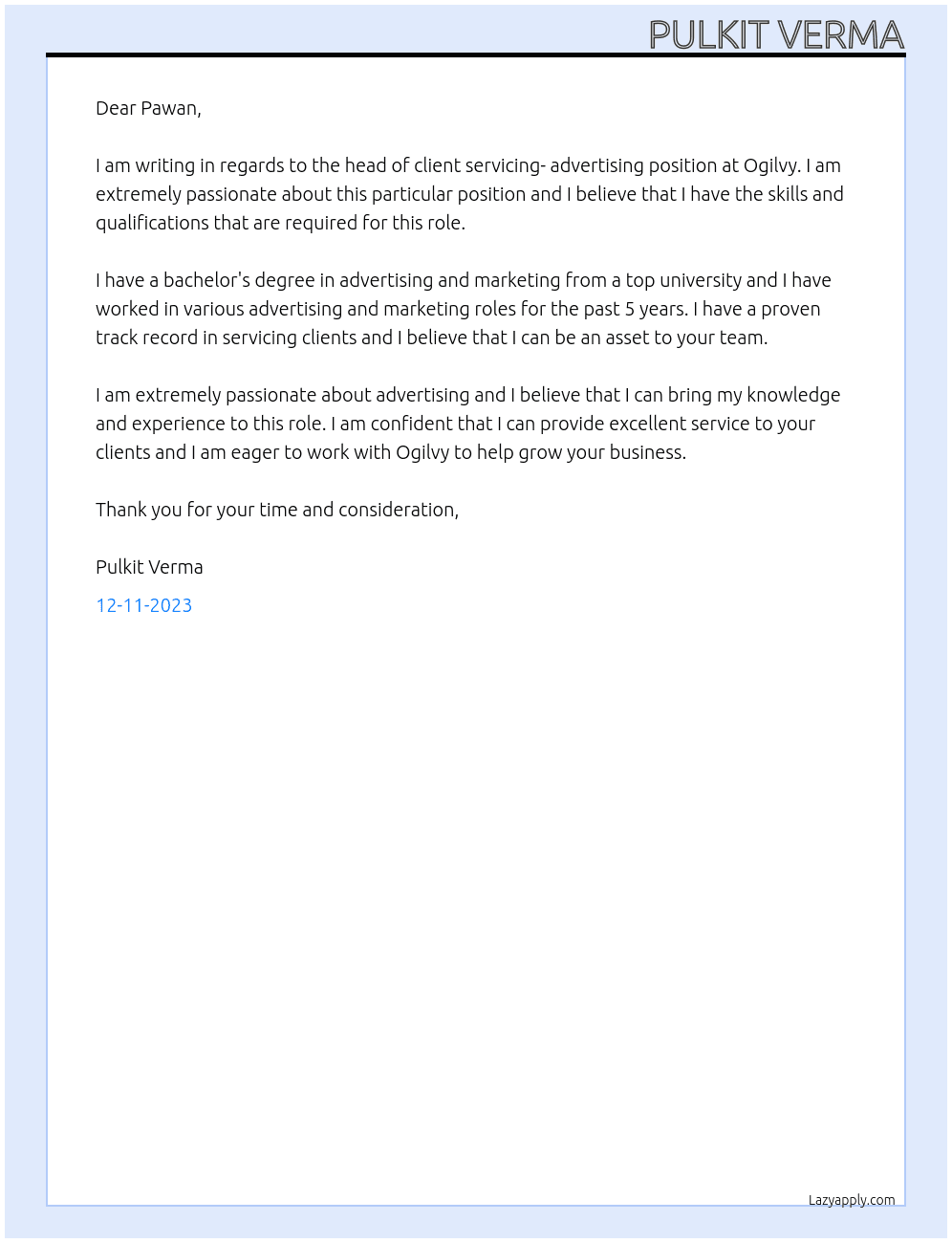 head of client servicing- advertising At Ogilvy Cover Letter