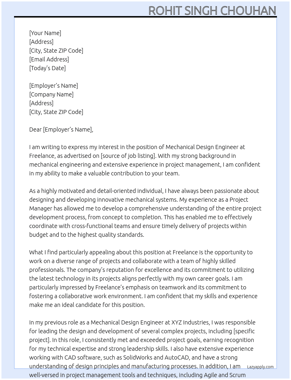 Mechanical Design Engineer At Freelance Cover Letter