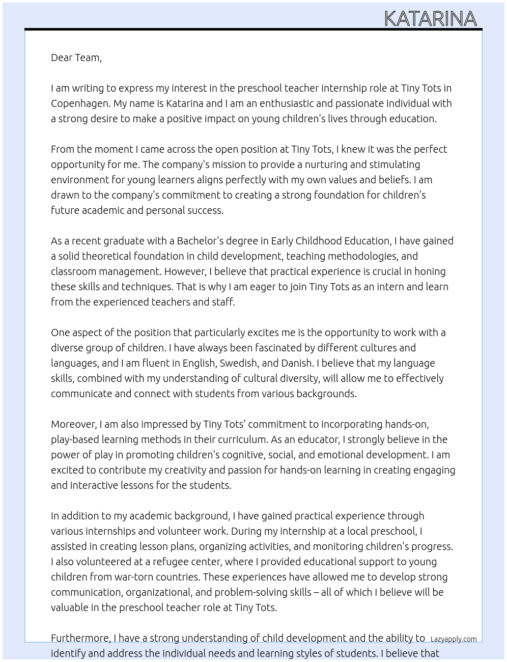 preschool teacher At Tiny Tots Cover Letter