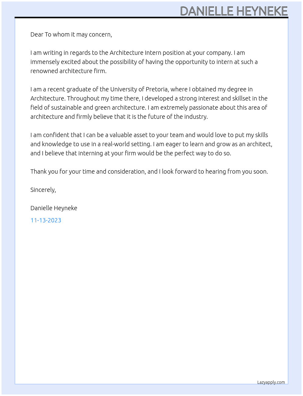 Architecture Intern At Architecture Firm Cover Letter