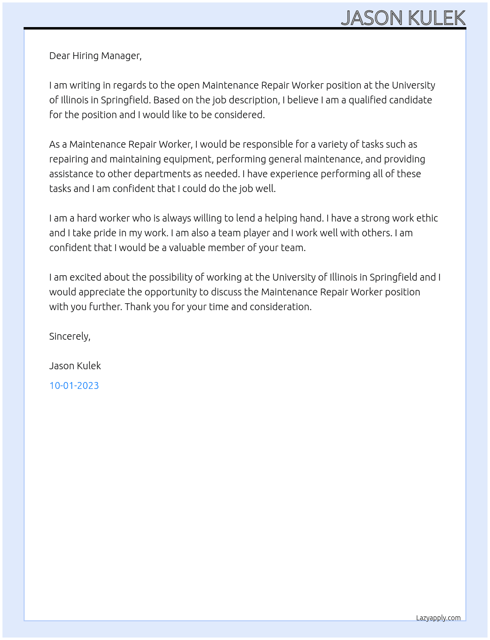 Maintenance Repair Worker At University of Illinois in Springfield  Cover Letter