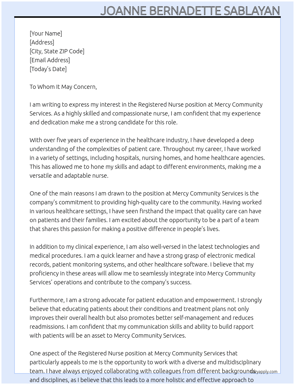 Registered Nurse At Mercy Community Services Cover Letter