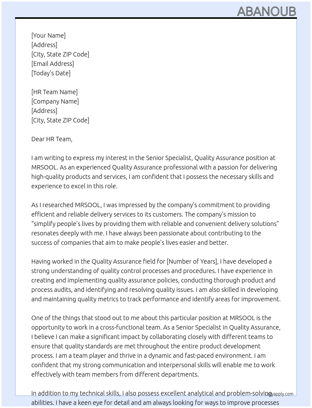Senior Specialist, Quality Assurance At MRSOOL Cover Letter