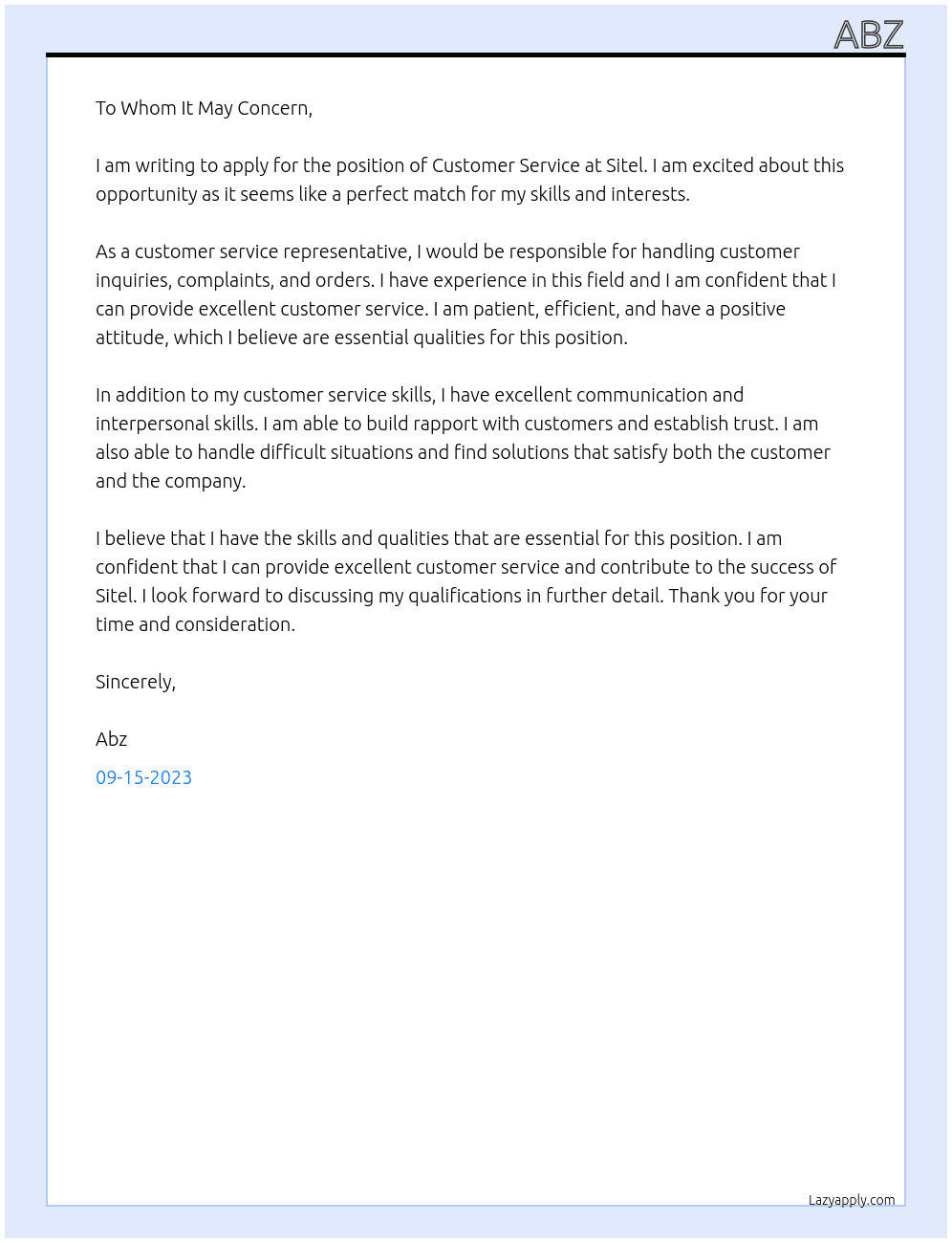 Customer service At sitel Cover Letter