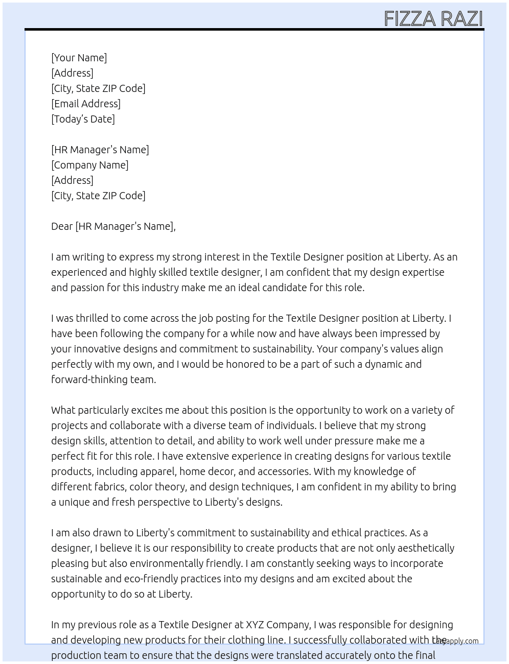 Textile Designer At Liberty Cover Letter
