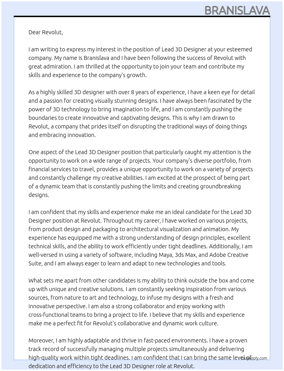Lead 3D Designer At Revolut Cover Letter