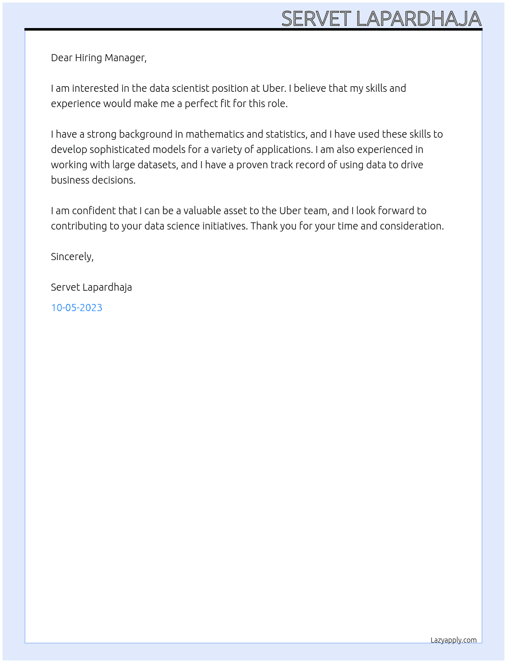 Data Scienctist At Uber Cover Letter