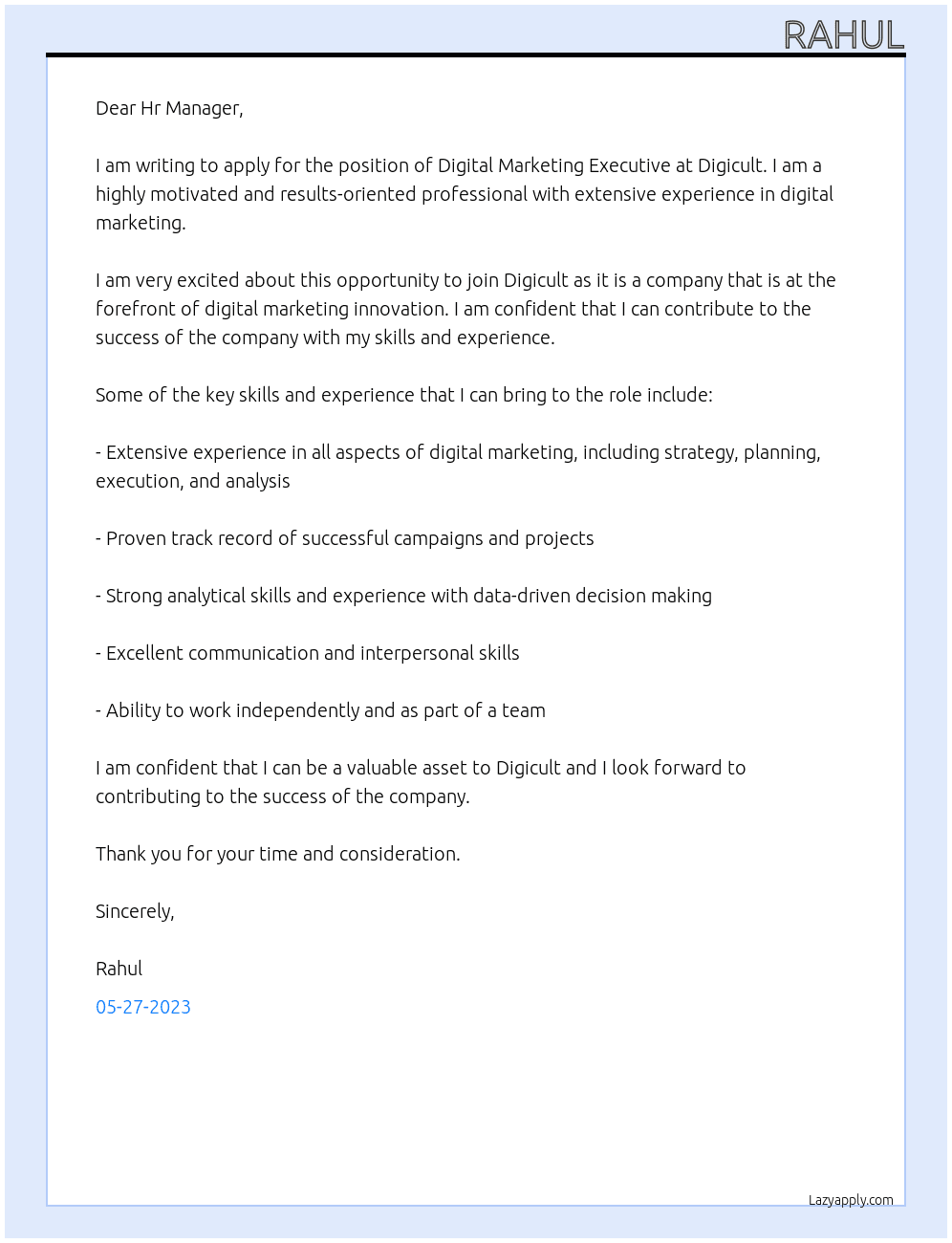 Digital Marketing Executive At Digicult Cover Letter