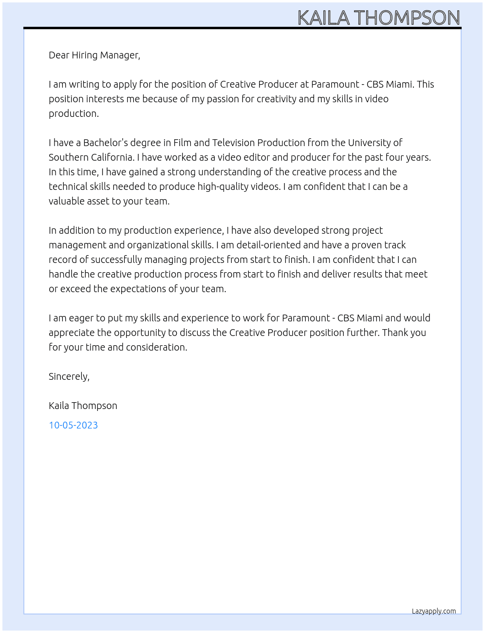 Crrative Producer At Paramount - CBS Miami Cover Letter