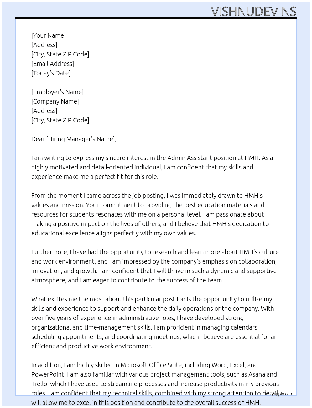 Admin assistant At HMH Cover Letter