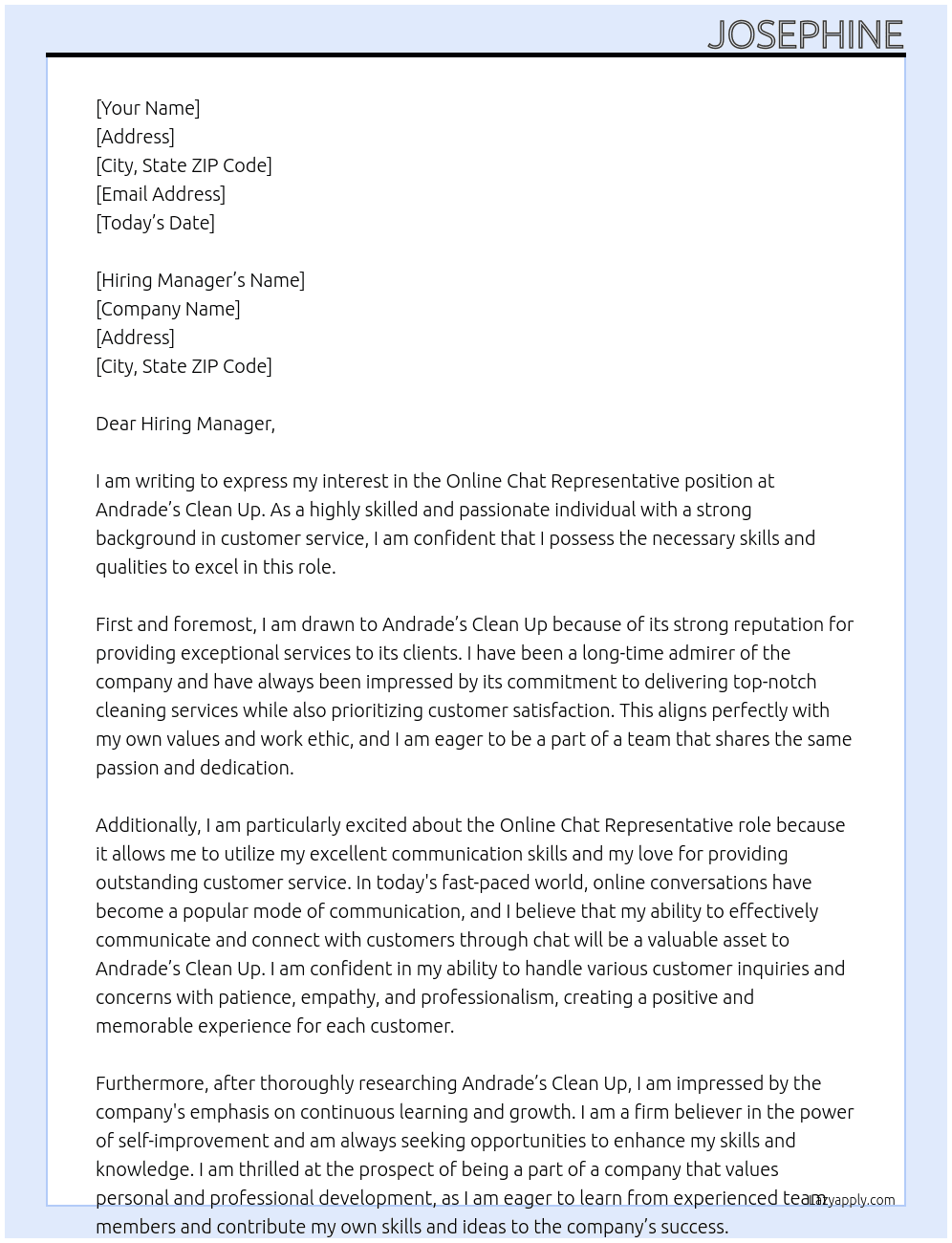 Online Chat Representative  At Andrade’s Clean Up Cover Letter
