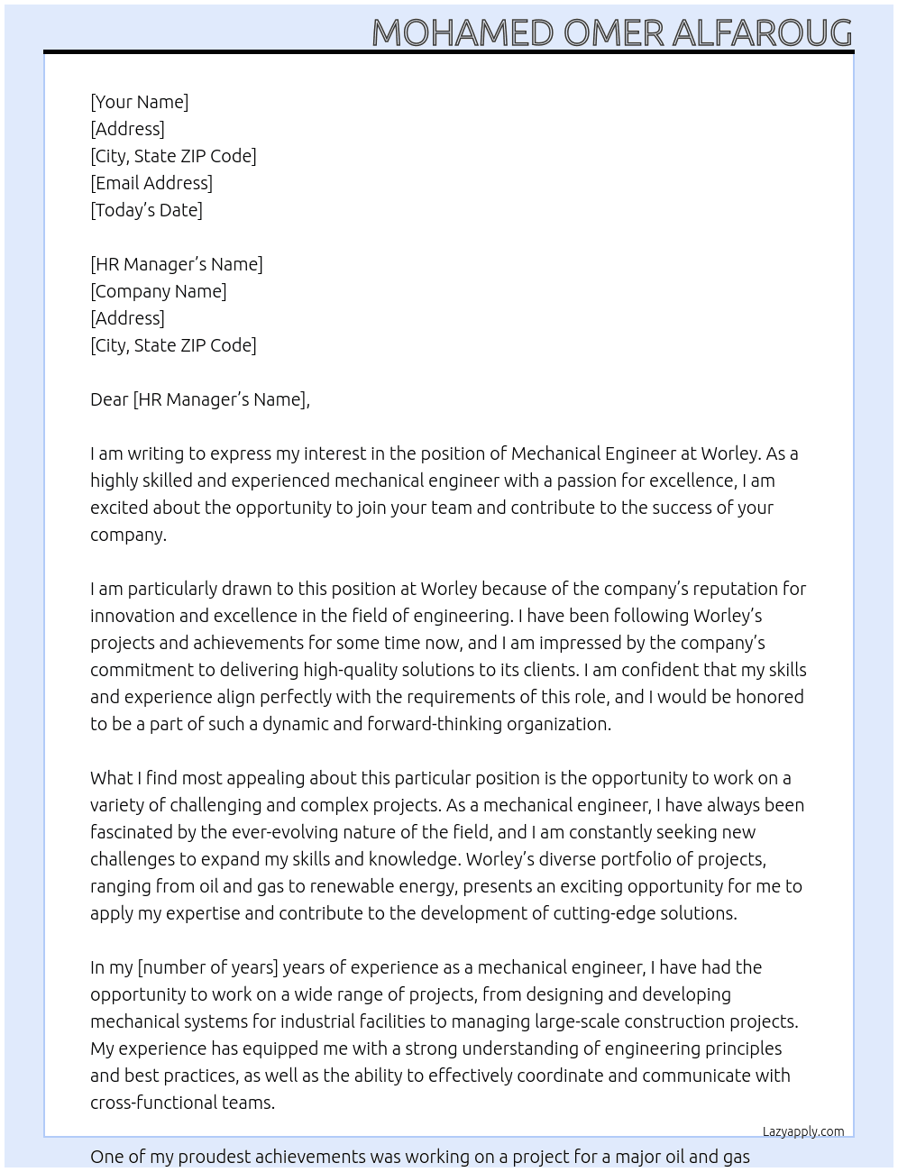 Mechanical Engineer At Worley Cover Letter