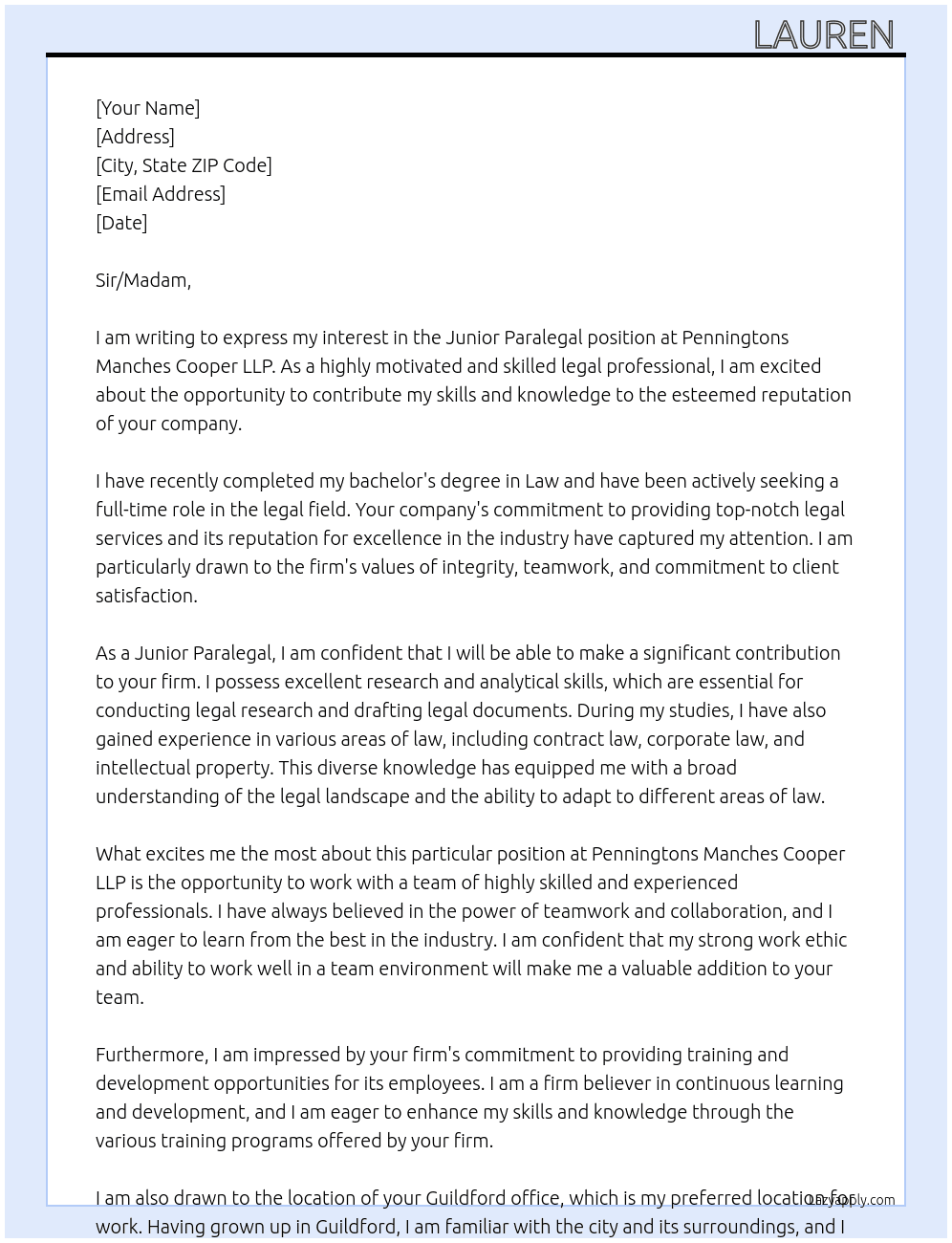 Junior Paralegal At Penningtons Manches Cooper LLP Cover Letter