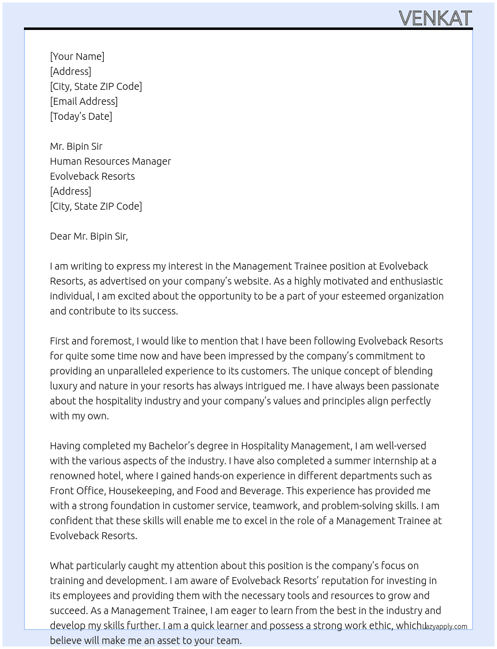 Management trainee  At Evolveback resorts  Cover Letter
