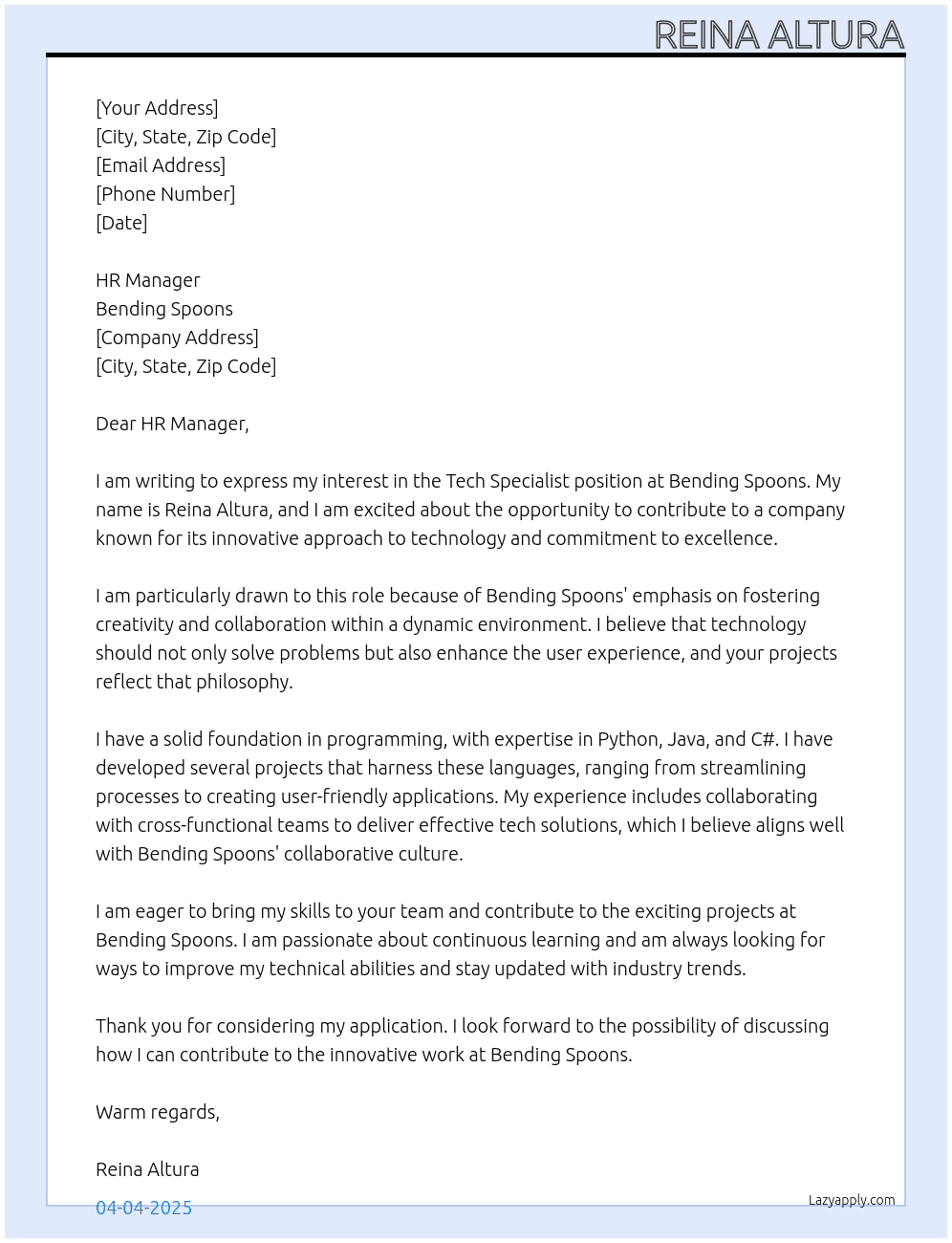 Cover letter for tech specialist - LazyApply