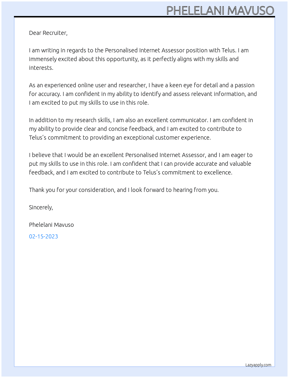 Personalised Internet Assessor At Telus Cover Letter