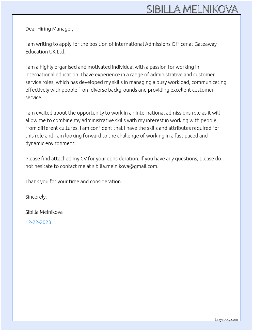 International admissions officer At Gateaway education UK Ltd Cover Letter