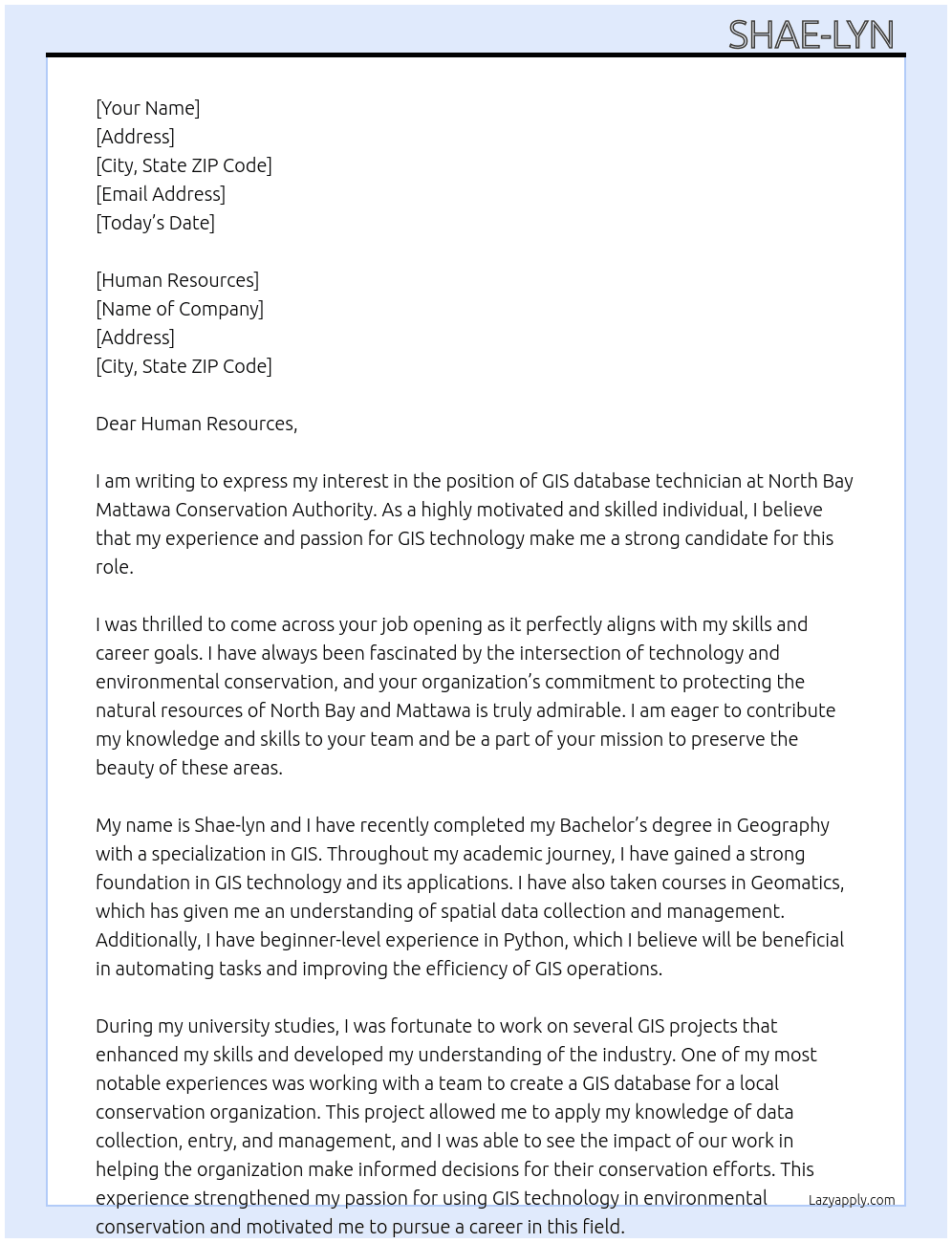 GIS database technician  At North Bay Mattawa Conservation Authority  Cover Letter