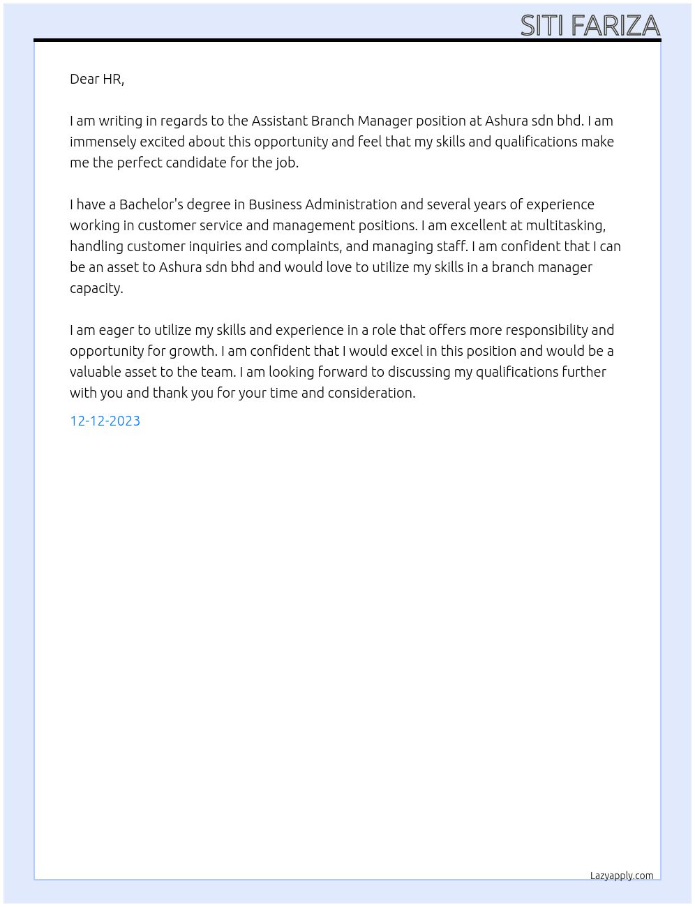 Assistant Branch Manager At Ashura sdn bhd Cover Letter
